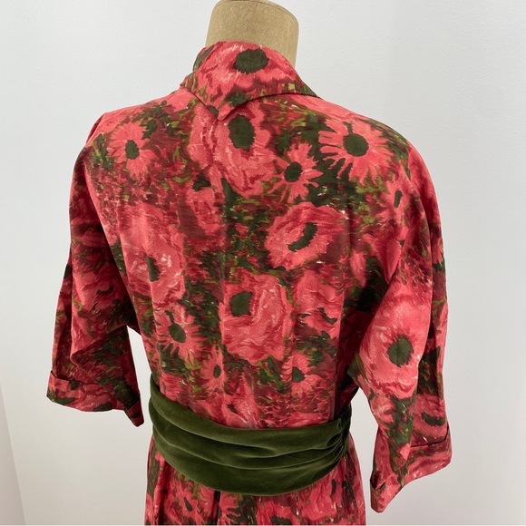 Vintage 60s Evelyn Pearson Lounge Red Floral V Neck Collar Maxi Flare Dress M - Picture 7 of 11